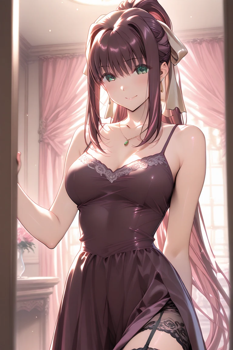 (Highest quality, masterpiece), One girl, Intricate details, Off the shoulder, skirt, choker, Frills, See-through, View your viewers, blush, Upper Body, Blurred Background, Floral print, Contrasting
