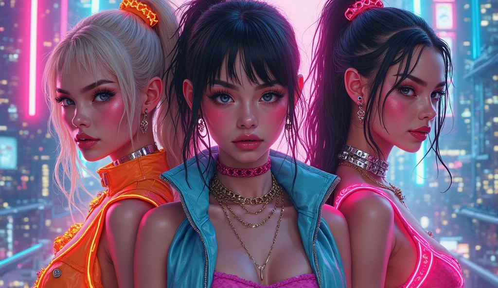 Ultra high definition 4k detail, Hyper-realistic, perfect symmetry Athena Farris and Ariana Grande look-alike, provocative futuristic setting of beautiful women, Perfect eyes, symmetry, flowing rainbow hair, translucent rainbow lace lingerie, sexual temptations,