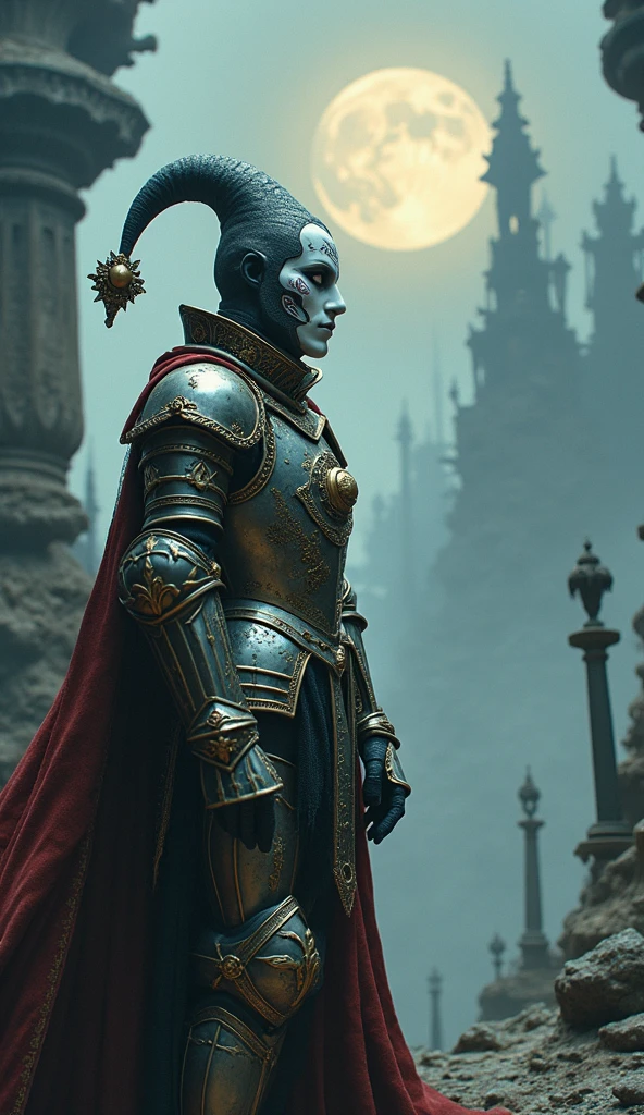 An adult vampire, dressed in light armor, having a glass of wine He is on a mountainous surface with floating rocks behind