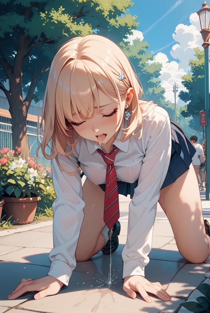 ((Perfect Anatomy)), Skirt pulled up, (Tucked up miniskirt: 1.3), Pussy showing, tearful eyes, embarrassing,(((big tites:1.3)))、(Sperm overflowing from pussy: 1.4), Blushing woman, A bell with a string inserted into a girl's anus , ((Excellent)), ((Masterpiece)), Adult cute woman, beautiful face, real body, real eyes, crying, tears, see-through, white knee-highs, panty shots, (vaginal : 1.3), wet panties that dig in, spread legs , Underboob, (Glossy and bold skin, sweating: 1.4), ((((Out of focus except for the main girl: 1.5)))), ((A crowd of middle-aged men, their hands groping the woman's body) ,Bokeh: 1.5)), Slender,(