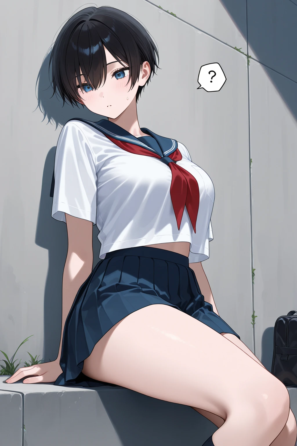 (masutepiece, Best Quality, Ultra-detailed, 8K, Wallpaper, Photorealistic), ((Perfect hands)), ((Perfect Anatomy)), concrete abandoned building、medium cleavage, ((Attractive anime 1 girl)), ((Rei Ayanami)), (( The dense indigo short hair is impressive)),clean detailed faces、Look at viewers、 ((Bright red eyes)),((Junior high school uniform:1.0))、(redPanties:1.5), ((medium shot,)), Kamimei、sitted、Spread your legs apart、Lifting the hem of the skirt
