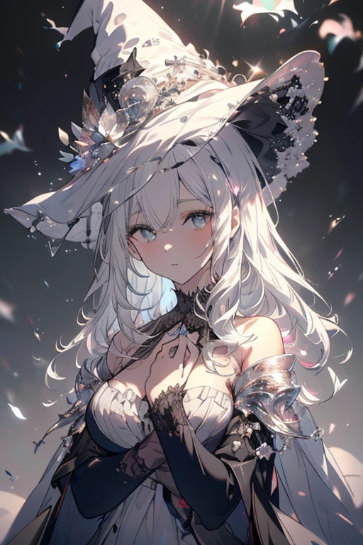 (Watch from below),(Looking up),magic少女,Huge cleavage,Shy expression,blush,High Definition RAW Color Art, cartoon,sculpture, Silver Marble Skin, (((Extremely meticulous and elegant))), Magical atmosphere, Delicate skin, texture,(Complex details, Fine details, Ultra Detail艺术), Depth of Field, Bokeh, Silky touch, Ultra Detail, White background, (Mauve), beautiful eyes, Elegant face, Witch Hat, magic, Beauty