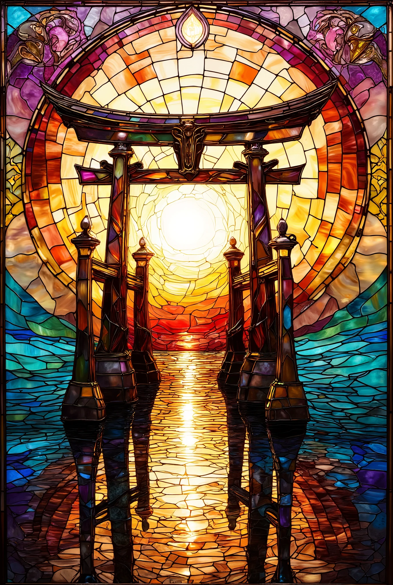 stained glass style 、Itsukushima Shrine、A sea with reflections 、 orange sunrise、荘厳なItsukushima Shrine