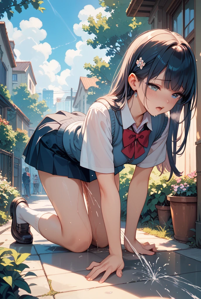(Photorealistic:1.5), (masterpiece、Highly detailed 8K CG、Sharp lines:1.4), (deep focus:1.7), Smooth Anime CG Art, Beautiful anime girl, (20year-old beautiful girl:1.5), Detailed skin, (gleaming skin:1.7), short-hair, (Beautiful black hair:1.2), brown Eye, (many streaming sweat:1.0), (slim:1.4), (full body:1.5), (student clothes:1.5), solo, (one girl:1.4), (Inside the classroom:1.4), (blush:1.5), (anguish:1.4), (open mouth:1.4), (Lots of clear drool overflows from her mouth and drips from her chin.:1.2), (half closed eyes:1.0), (crying:1.4), (short sleeve:1.2), (a sailor suit:1.6), (looking away:1.3), (flat chest:1.4), (Dark blue pleated skirt:1.7), (from side:1.1), (all fours:1.8), (many Tentacles clinging to her:1.4), (White socks:1.4), (brown loafers:1.3)