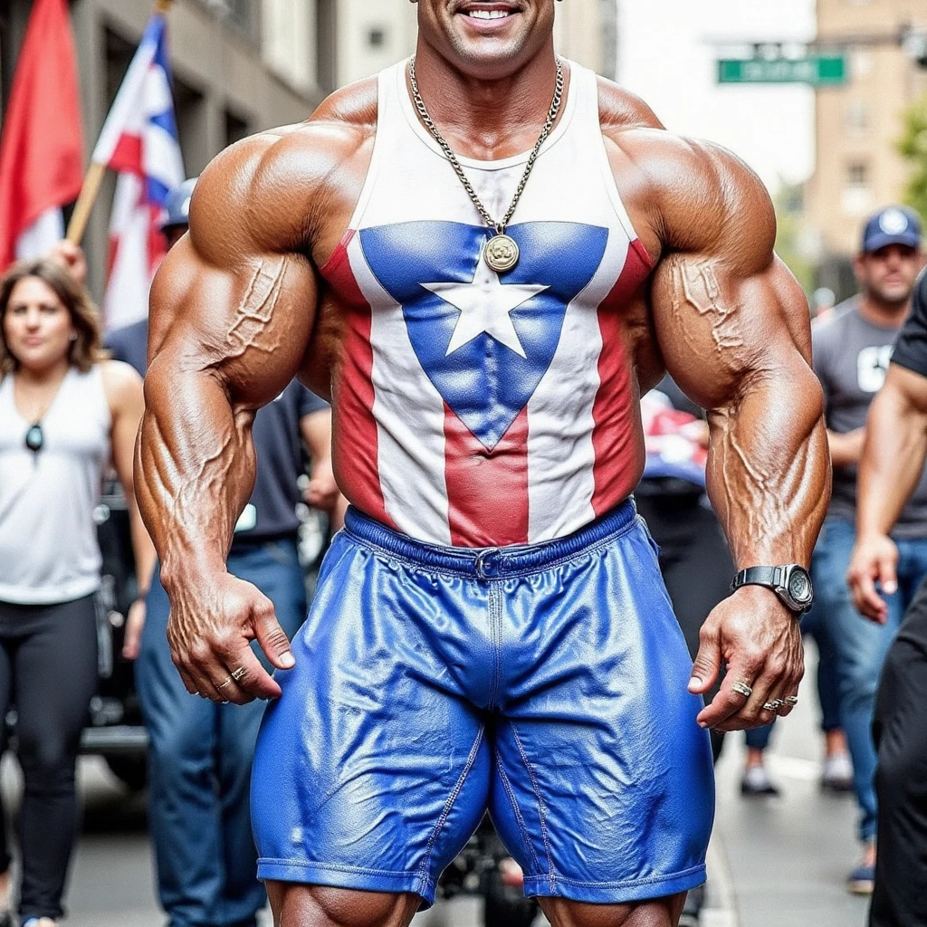 a strongman standing on stage posing, striped singlet, patriotic, handsome young man, round nose, <lora:Clothing - Strongman Singlet_v1.1:0.5>, soft lighting, arms on waist, heroic stance