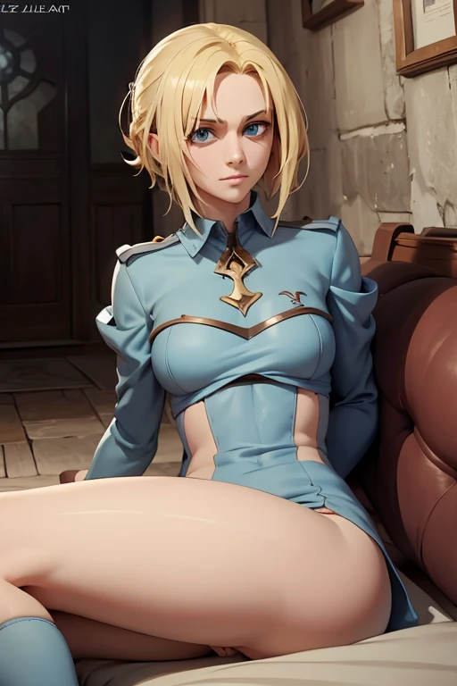 Tanya ,1girl , anime , masterpiece , blonde hair , jaqueta aberta open clothes ,toph beifong , disappointed face disgusted , solo , jacket, open clothes, bra , flat chest ,pantie, garterbelt , long socks , looking at viewer , bedroom .