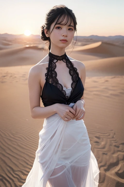 8K, RAW photo, high quality, realistic, full body photo, hip cocked, 1 girl, sideways, super detailed face, black veil, in the desert