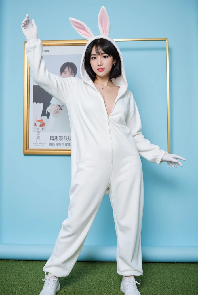 woman, adult,, bunny onsie, blonde, sitting
