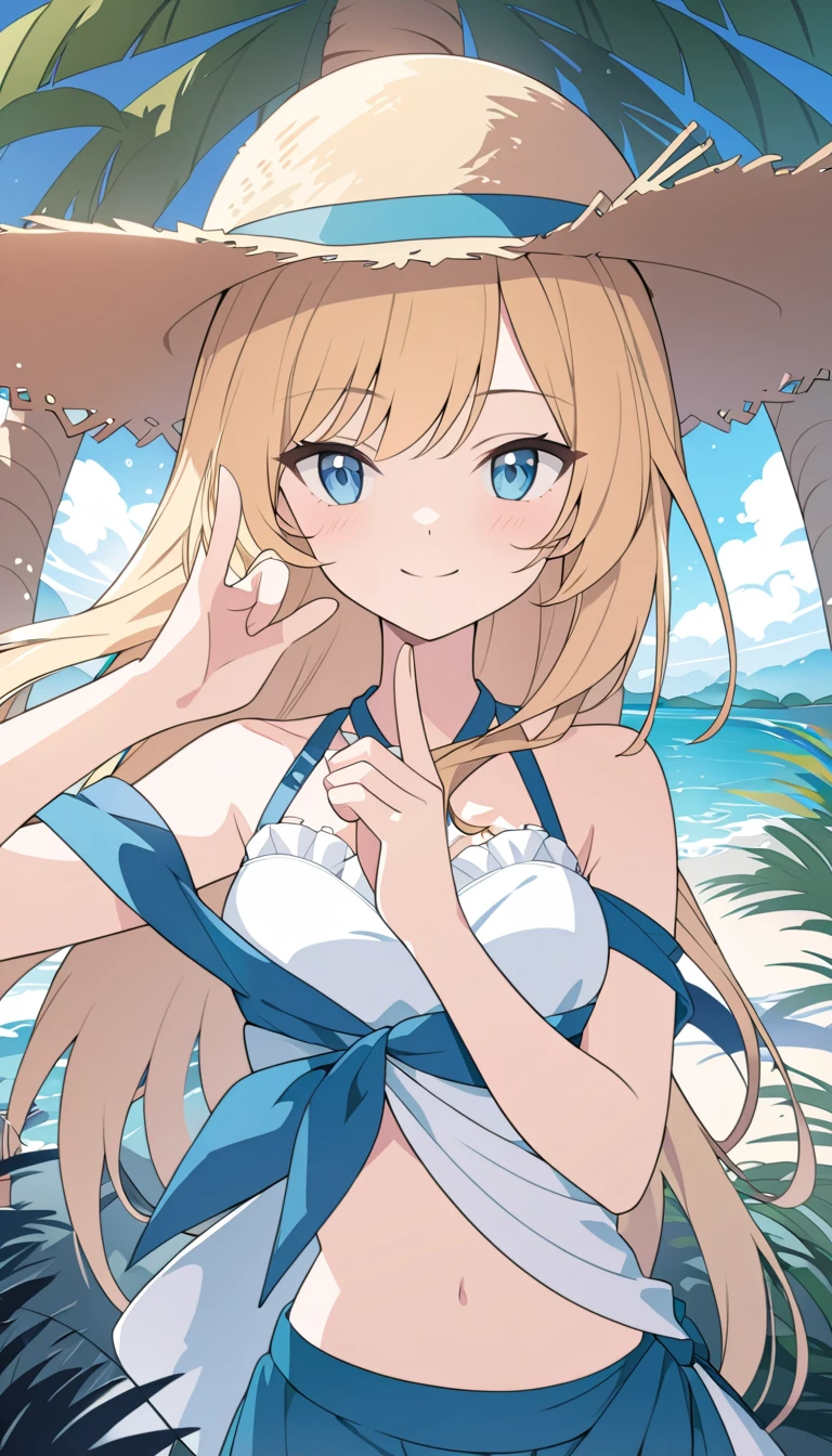 fairy_tail_style, solo, 1 girl, (young female body:1.4), (medium small breasts), golden yellow hair, extra long hair, blunt bangs, crystal blue eyes, very detailed eyes, cowboy shot, detailed eyes, beach house, sand, white bikini, tight white swim suit, bikini with skirt, misa hairstyle, blue bows and blue ribbons, cute swimskirt, sitting on a beach towel, white beach towel and umbrella, looking from above, misa hairstyle