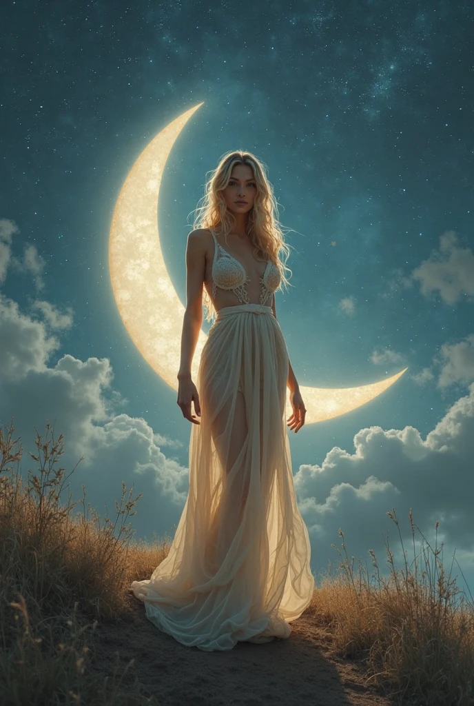 Under the soft glow of the moonlight, a slender figure stands out against the serene backdrop of a vine plantation. A blonde person, of stunning beauty, with a face that seems sculpted by nature itself, stands out in the middle of the field, at the height of perfection. Her body, sculpted like a work of art, harmonizes with the rustic landscape of the farm, the moonlight, yellowish and sparkling, delicately caresses every feature of her perfect skin, casting soft shadows that highlight her graceful silhouette. The vineyard plantation serves as an enchanting backdrop, with bunches of grapes hanging from their clusters, framing the scene in a unique way, the photography style, as if straight out of a dream, captures the perfection of the moment. The colors are intense, saturated, highlighting every detail of the blonde person who looks like a muse of nature. A sensuality shines through the natural pose, in perfect harmony with the bucolic environment that surrounds her, thus, in the silence of the night, the blonde figure becomes a magical element in the rural landscape, a fusion of human beauty and nature that, captured by the lens , immortalizes this moment of enchantment under the radiant moonlight.