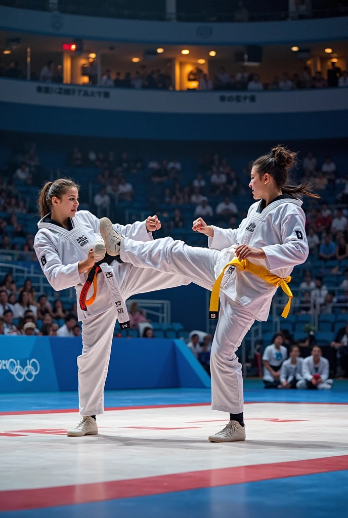 A judo match is taking place on the Olympic stage.
