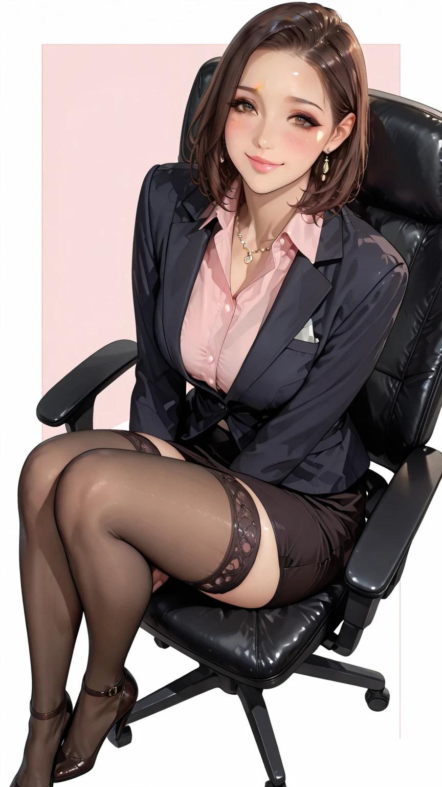 Dildo inserted under pantyhose: 1.5, Lower tits exposed, cleavage exposed, orgasm: 1.5, Ahem face: 1.5, Sitting in office. Surrounded by male employees. Shiny tailored suit, mini skirt, torn pantyhose. Female office worker in her 30's shivering with her knees drawn up to her chest. She is soaked in pleasure and steam is coming out of her body, indicating her level of arousal. Her mouth is wide open and she is drooling. Even her eyes show her state of arousal, her whites of her eyes.