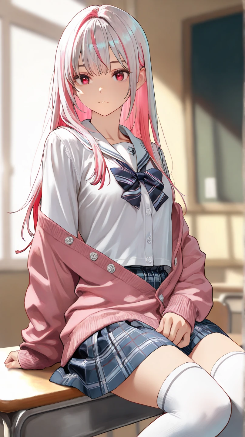 sit、Hatsune Miku、hair above one eye, asymmetrical bangs,Standing picture、loose socks、cherry blossoms、cherry blossomsの花びら、cherry blossoms舞う、Hatsune Miku、gradient color hair、tie hair、colorful hair、cross-eyed、messy hair、blunt bang cut、pleated skirt、black shirt、striped hair、messy hair、Sloppy、cross-eyed、drunk、( fool / sexual ecstasy)、highest quality, realistic, Super delicate illustration, beautiful and charming anime girl, slender body, tied hair, one girl, girl pictures, full body shot, beautiful blue eyes,
