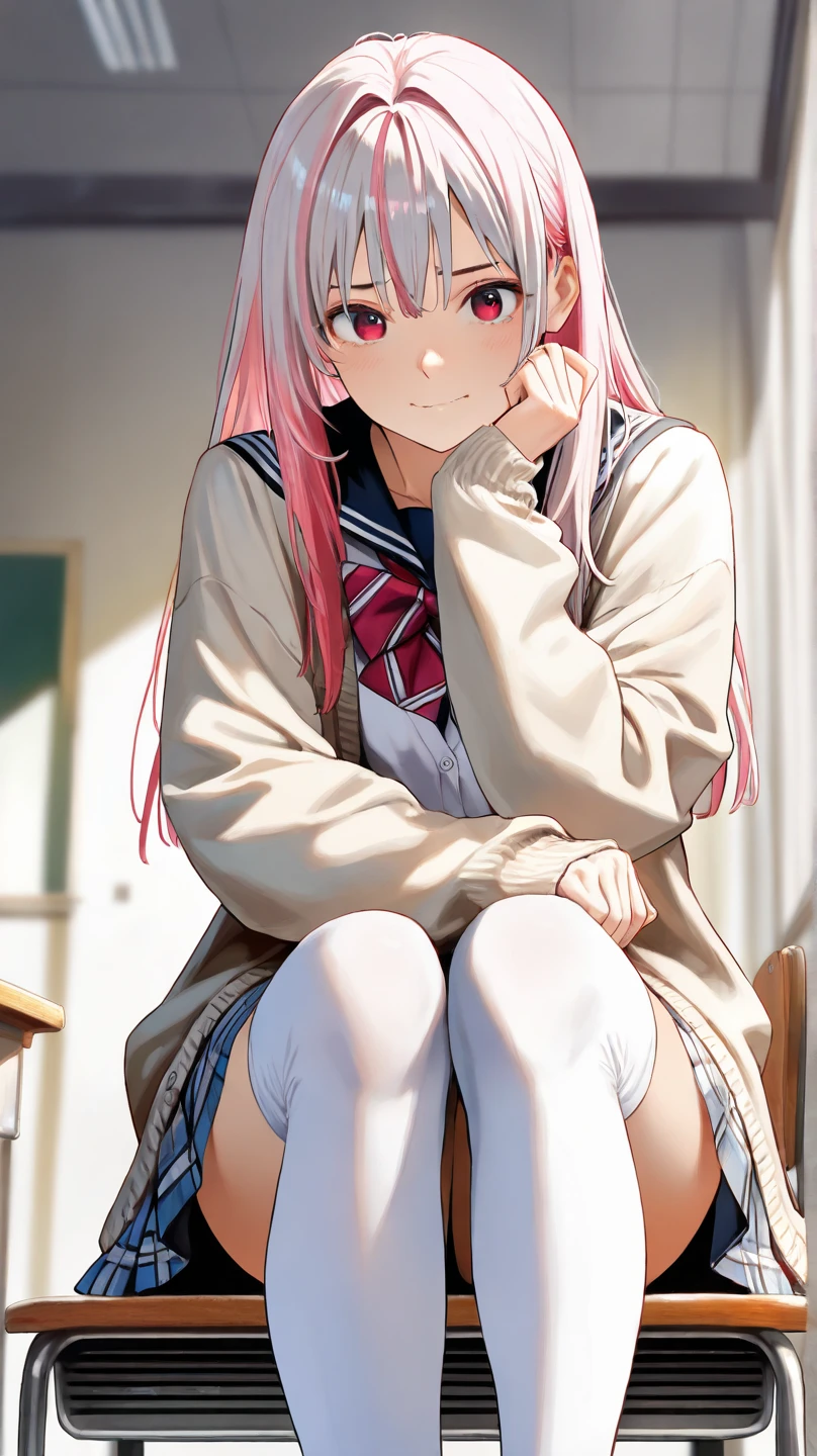 1girl in、A smile、The shirt、skirt by the、(small tits)Chilarism、Japan High School Student Uniform、serafuku、summer clothing、Squall Drenched Uniform、(Sheer Bra)、Upper body portrait、light cream hair、Squatting panchira、