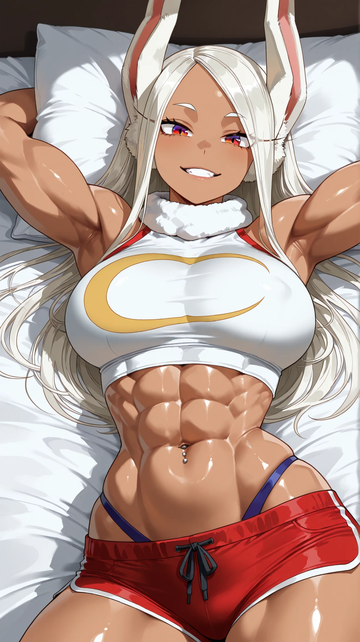 (best lighting) , (Extremely complex and detailed) , 4K unified, (Super detailed CG: 1.2) , (8k: 1.2),(The original), (masterpiece) , (best quality),(masterpiece:1.4),Anime-like high quality,(masterpiece),masterpiece, Super clear picture quality，clearer than，（delicate face）best quality, absurd,((Master of Peace, 4K, 8k, Yes, high resolution))1个girl, female student，Ten strong abdominal muscles，Lean on plush cushions，exposed abdomen， Crop topping,dense, There are raised veins on the arms，spring, boots, Perfect body, silver long hair, dynamic poses,legs exposed，Strong leg muscles ((bodybuilder:1.5)),on the bed,(beautiful bass),(girl),(miss),(((Upper body:1)))rely on，Recline on the couch，Smile，deep sleep，