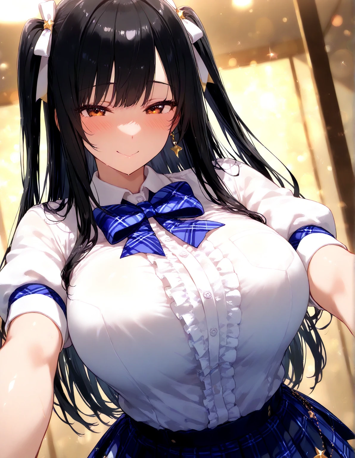 (Best Quality, 4K, hight resolution, Ultra-detailed, Realistic:1.37), nffsw, Vivid colors, Sharp Focus, Studio Lighting, Physically-based rendering, extreme detail description, Professional, Portraits, Anime, blue color tone:0.9, Long Black Hair, White stripes on her hair, Blue Blazer Uniform, Gentle smile, Sitting on a bench, Horse ears on her head, young anime girl,(huge bust:1.5),