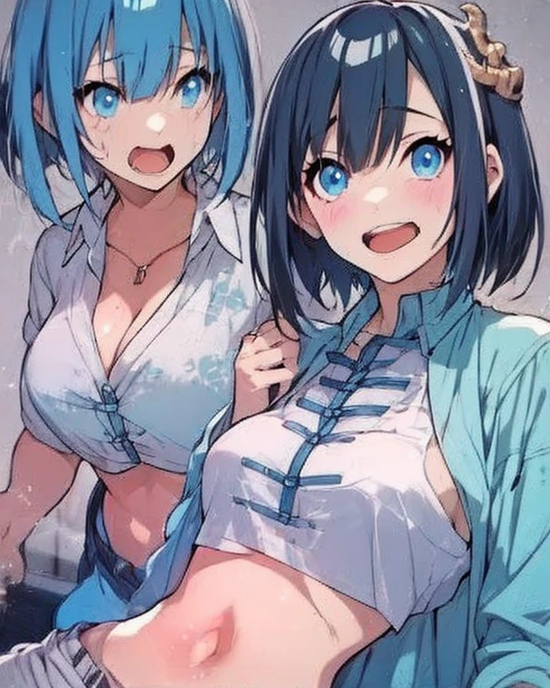 Girl with long black hair、Cute light blue bra、A white shirt with all the buttons undone、Cute light blue underwear、barefoot、A girl wearing a cute light pink bra and underwear、Blue sea, sandy beach, cumulonimbus clouds and blue sky、Two girls having fun