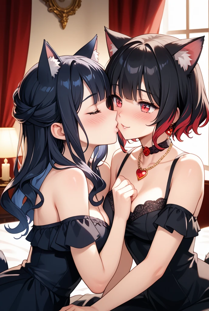 Two Young Adult woman, Long black hair, high ponytail, Fox ears, Foxtail, The left eye is blue, Red right eye, naked, private room, sitting, kissing each other, ssmile, Masterpiece, hiquality
