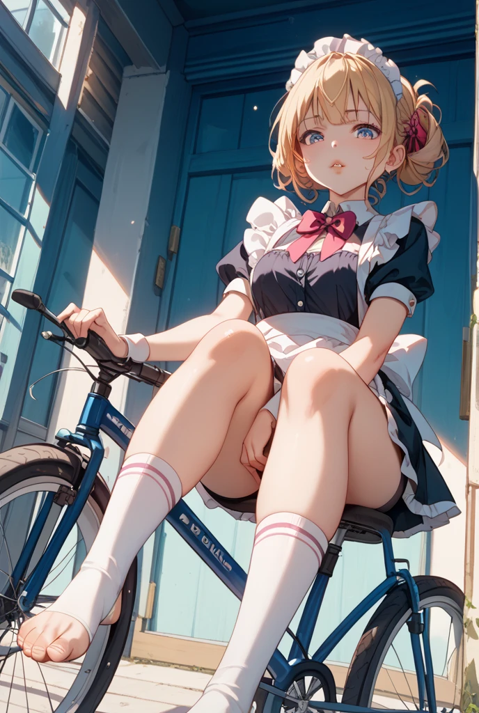 (8k、Highest quality、highest quality、masterpiece)、Detailed face、One girl、blondes、 ((Brown skin:1.4))、blondes、short hair、Grey Eyes、blush、Embarrassing、Embarrassed、tough、painful、Open your mouth、big breasts、((naked pussy)、Full body portrait、Skirt Lift、mini skirt、White dress、White knee-high socks、black strap shoes、pussy big dildo、masturbation、Big ribbon on head、fellatio、on the train、take a train