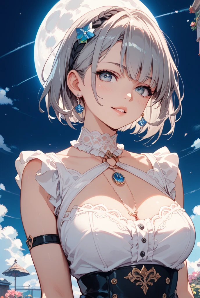 1 girl, game CG, frilly yellow princess dress, cleavage visible, shoulders visible, tiara, gigantic breasts, silver hair, short hair, french braid, yellow eyes, happy, glittery background,