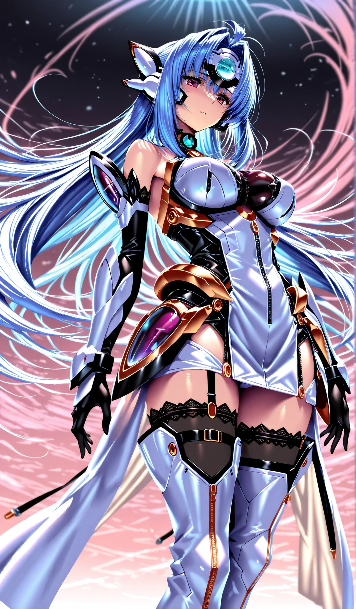 (best quality, masterpiece, RAW photo,ultra-detailed:1.2), <lyco:GoodHands-beta2:1.0>,1girl,solo,looking at viewer, <lyco:xenosaga_kos-mos-10:1>kos-mos,bare shoulders, huge breasts,
symmetry,Symmetrical composition,android,forehead protector,thighhighs,elbow gloves,leotard,sitting, from below,traditional media,1990s,spread legs,