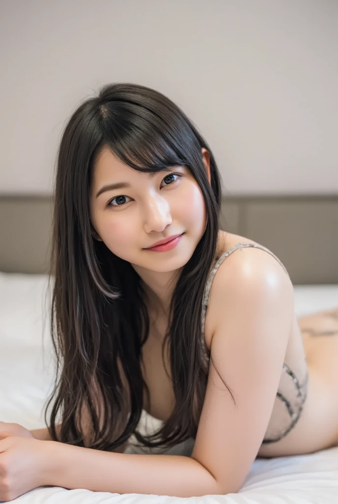 Beautiful girl with black hair lying on bed，no clothes are worn，Prop up the bed with your hands，Legs are spread apart