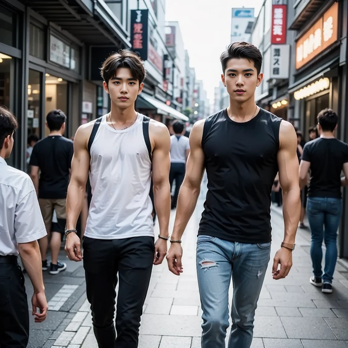 Two korean men touching pectorals, topless, light blue jeans, shoes, surprising face