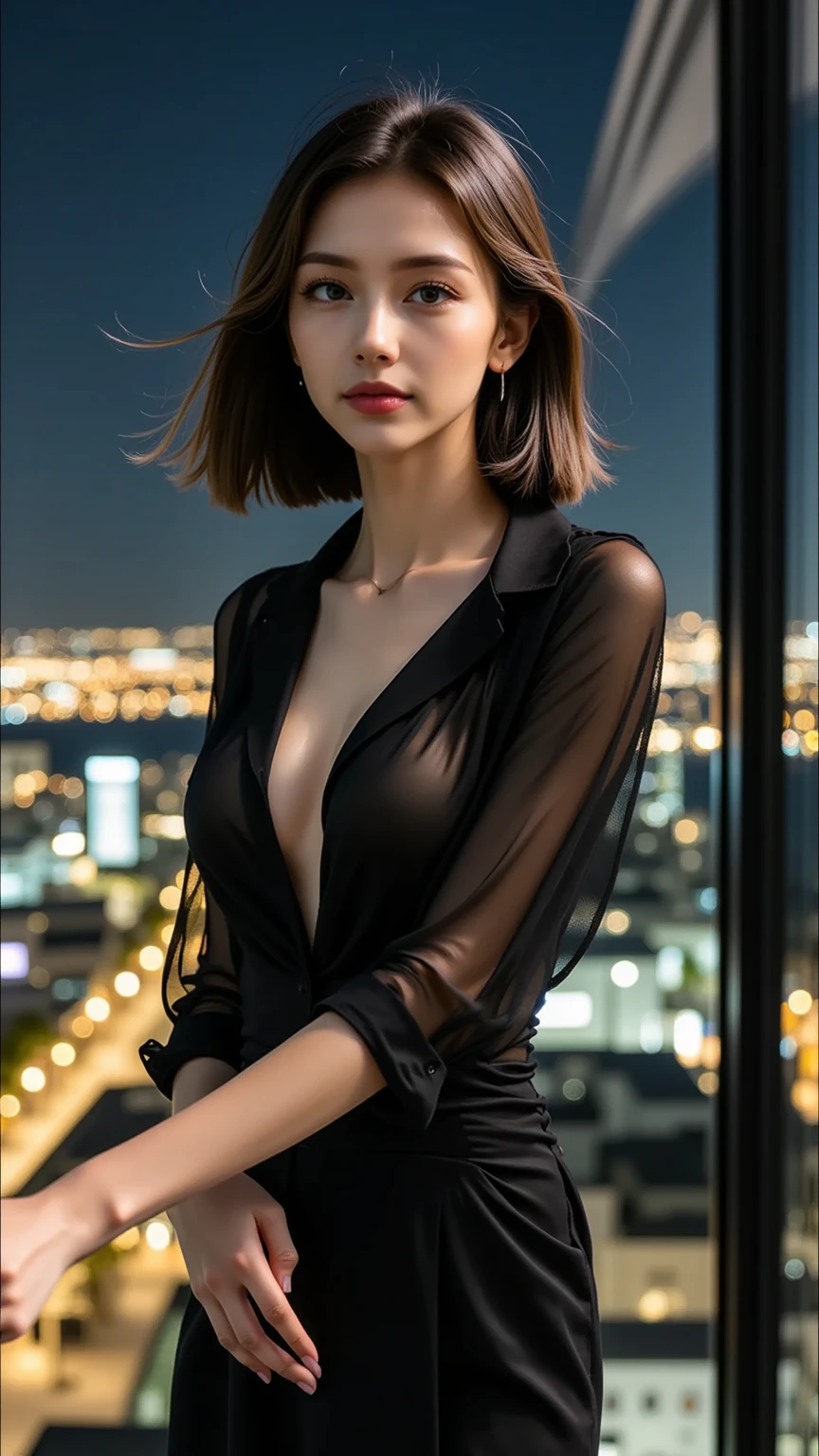 cute young Woman, korean idol, short bob brown Hair, colossal breasts, Empress, pleated skirt suit, street lamps, neons, bustling street background, (navel:1.1,princess eyes), Nobility, Royalty, High Quality, Masterpiece, Highly Detailed