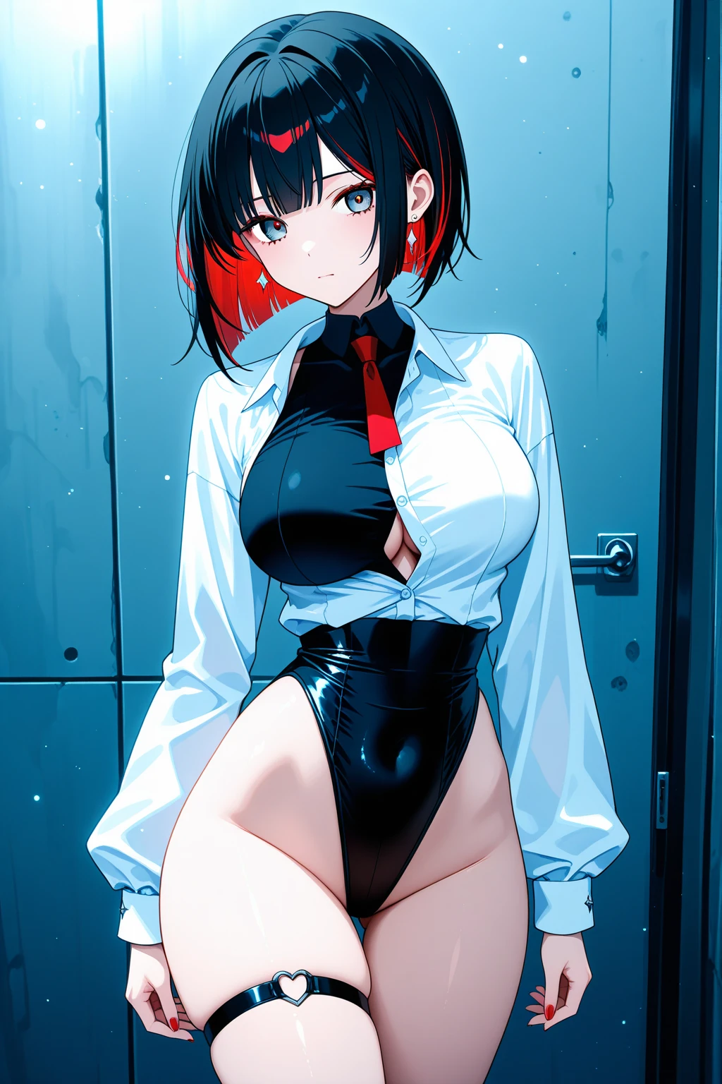 (Highly detailed CG Unity 32k wallpaper,masterpiece, Biological, whole body),(Best lighting, Best Shadow, Very delicate and beautiful),(High School Girl and Unidentified Creatures),blue eyes, Big Breasts,Bouncing chest, Black Hair,Bobcut,Red and black and White off-the-shoulder revealing high-cut SF bodysuit,One-piece swimsuit-style clothing,Clothes that emphasize the chest,Neck Seal,High-tech sci-fi corridor, Dynamic pose, Detailed Machinery, Sleek design.,My crotch is wet, {{The unidentified creature had no reproductive organs, so it preyed on the high school girls on the spaceship and disguised itself as a woman.、High school girls are candidates, The unidentified creature looks like a high school girl grown into an adult}}, Next to, The high school girl became a skeleton, Unknown sensation, Feels good, Vigorous movement, more, instinct, Female fall, Bouncing chest, loose, loose, Next to a real girl skeleton, locker room, NSFW