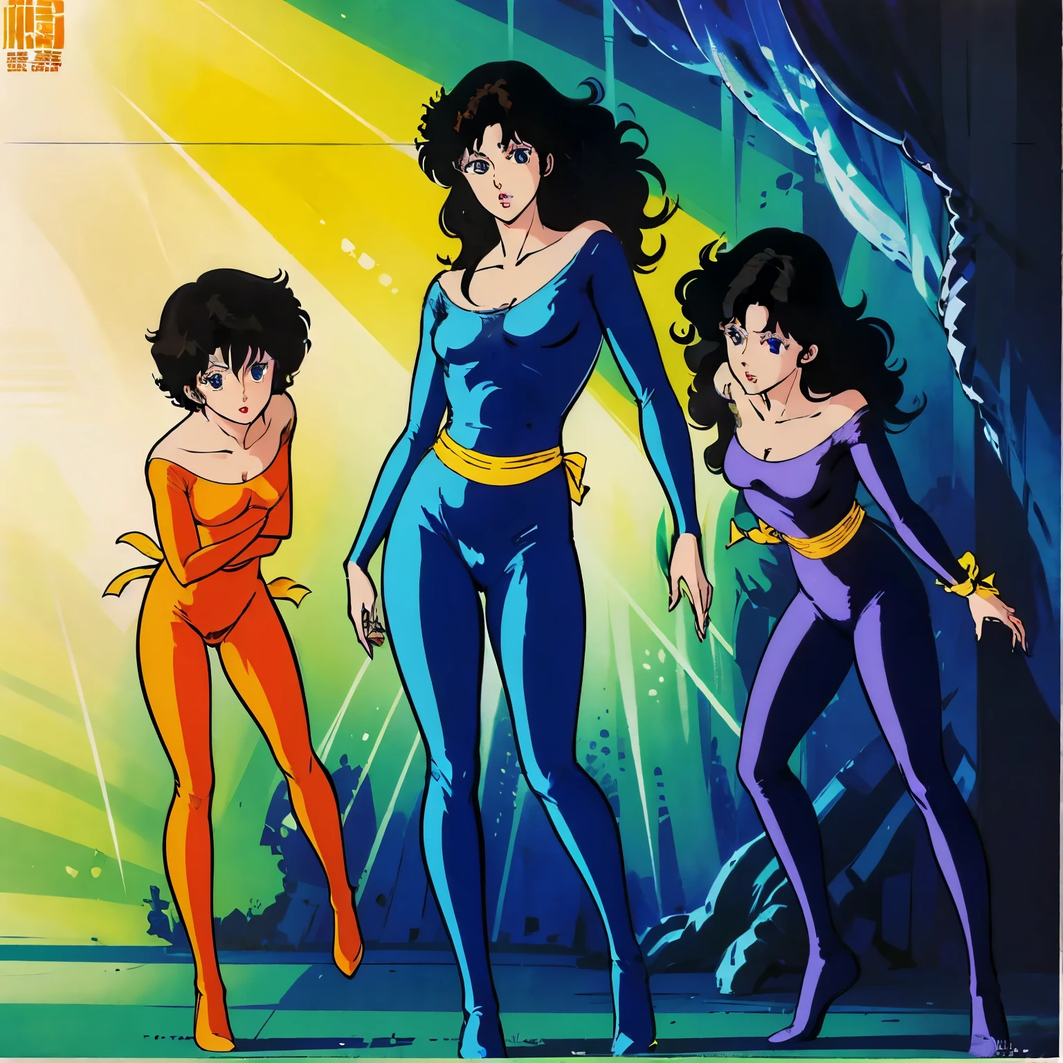 (masterpiece、top quality、top quality、OFFICIAL ART、Beautiful Beautiful:1.2),Three Sisters、masterpiece, top quality, extremely high quality, three-dimensional ,
The central character is a cute anime, Chibi Characters.full body、(HitomiKisugi.long hair.black hair.eyelashes.brown eyes.blue bodysuit.off shoulder.yellow sash),(RuiKisugi.long hair.wavy hair.black hair.eyelashes.blue eyes.lipstick.purple bodysuit.off shoulder.green sash),(AiKisugi.short hair.black hair.black eyes.orange body suit.red sash),Regional Prompter,skyscrapers at night