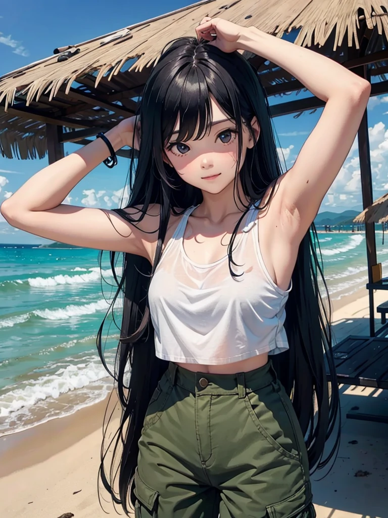 1girl, , 12 years old, cute girl, pretty face, smile, Beautiful black long hair, black eyes, Summer Sea, Seaside, bathing beach, whole, Girl playing with waves on the beach, Dynamic girl, White tank top, white shorts