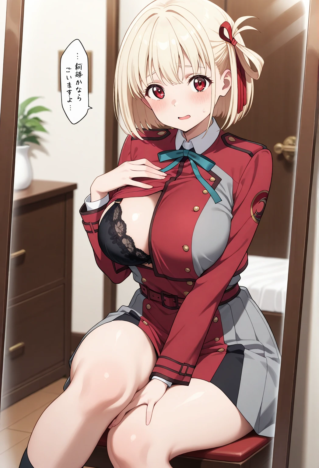 Chisato Nishikigi, Chisato Nishikigi, short hair, bangs, Blonde, (Red eyes:1.5), Hair Ribbon, One side up, Bobcut,Looking at the audience, Heart shaped eyes, at the same time, Nadium Chest, blush,View Audience, From below, concentrate, Beyond the Particles of Light, Love hotel bedroom, I rode it a lot,Red Garter Belt,Red underwear,Red tights,Big Breasts,Get on all fours,break looking at viewer, (Cowboy Shot:1.5),break (masterpiece:1.2), Highest quality, High resolution, unity 8k wallpaper, (shape:0.8), (Beautiful and beautiful eyes:1.6), Highly detailed face, Perfect lighting, Highly detailed CG, (Perfect hands, Perfect Anatomy),