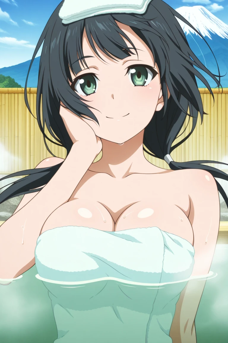 creates an anime girl crouching on her back with pink underwear, 18 years old, blue hair and blue eyes with a landscape of a luxurious bathtub and bathroom accessories