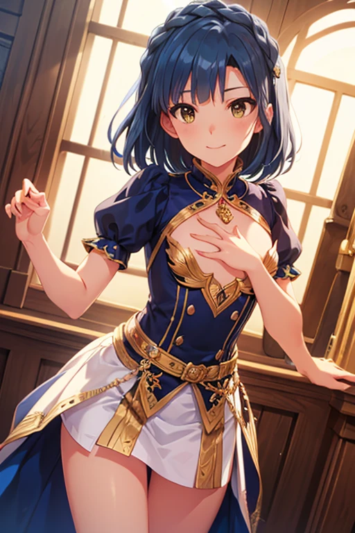 (Masterpiece, High Quality, Top quality, High-Detailed, Detailed CG, Cinematic Shadow, Cinematic Scene, Beautiful Detailed Eyes, Ultra Resolution, Depth of Field, 8k, High resolution, masterpiece: 1.2), Anime art style, Very detailed, Dynamic Angle, Teen Style, Detailed Green Hair, Detailed Blue Eyes, Slim Body, Sparkling eyes, Hair Accessory, Earrings, Slightly Blunt Bangs, Looking at the Audience, (Blush Expression:1.2), (Small Expression:1.2), (Dark Green Hair), Purple Eye, Five Fingers, Good Composition, Arms, Thighs, Medium Breasts, Medium Size Breasts, Hips, Night Times, Midnight, Blur Background, Chinese Architectures