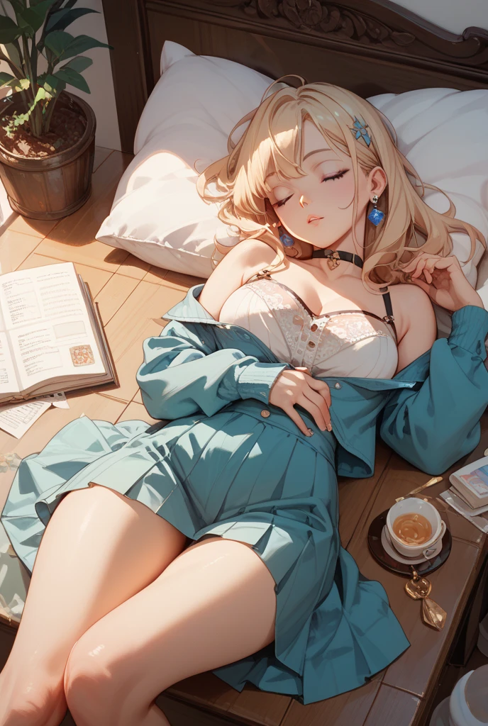 A girl lies in bed，（（（Full-figured））），（（（Wear only underwear and underwear））），（（（No clothes and pants））），（The waist and hips arch high upwards），No contact with the bed，Support the body with your elbows and feet，Grip the sheets with both hands，His face flushed，Eyes slightly closed，The eyes looked up in confusion，Open your mouth lightly，A wavy golden hair was scattered messily under him，Look up from the girl's legs --auto