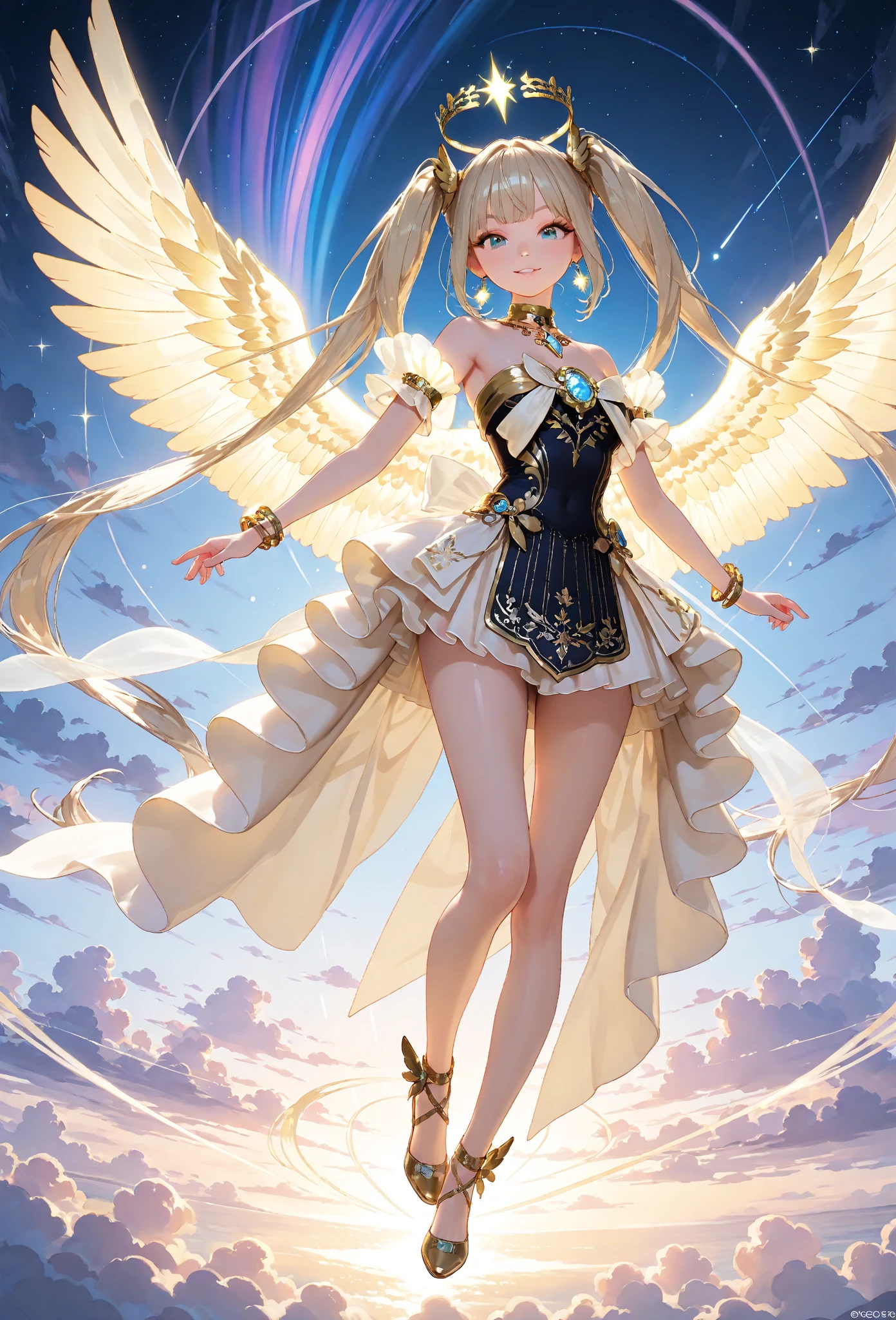 Highest quality,Highest Resolution,Beautiful girl with angry face in maid leotard,Frills,High leg,(((Floating in the air))),Halo,(((universe space))),Milky Way,meteor,Very beautiful eyes,(((White angel wings on the back))),whole body,long hair,(((Shoot a bow))),Knee-high stockings,Floating in the air,