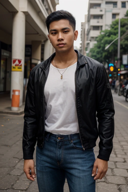 solo , 1man , thai man , leather jacket , white shirt , blue Long pants jeans , happy , sit