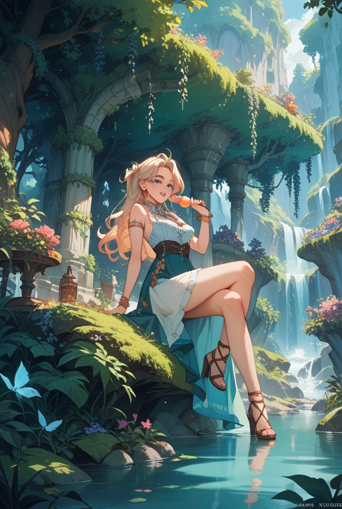 ((Highest quality)), ((masterpiece)), (detailed), 1 Beautiful Elf Woman, sexy,Celtic,pyramid,Drinking water from a water bottle at the waterside,