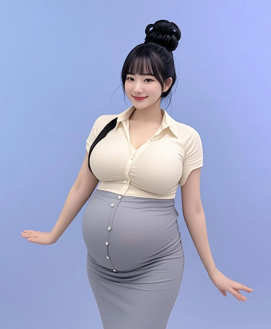 Photorealistic,pregnant woman、Very big belly、Very large breasts are high resolution., 1 girl, White long hair, Black eyes, Collared shirt, Skirt, a miniskirt、Very huge breasts