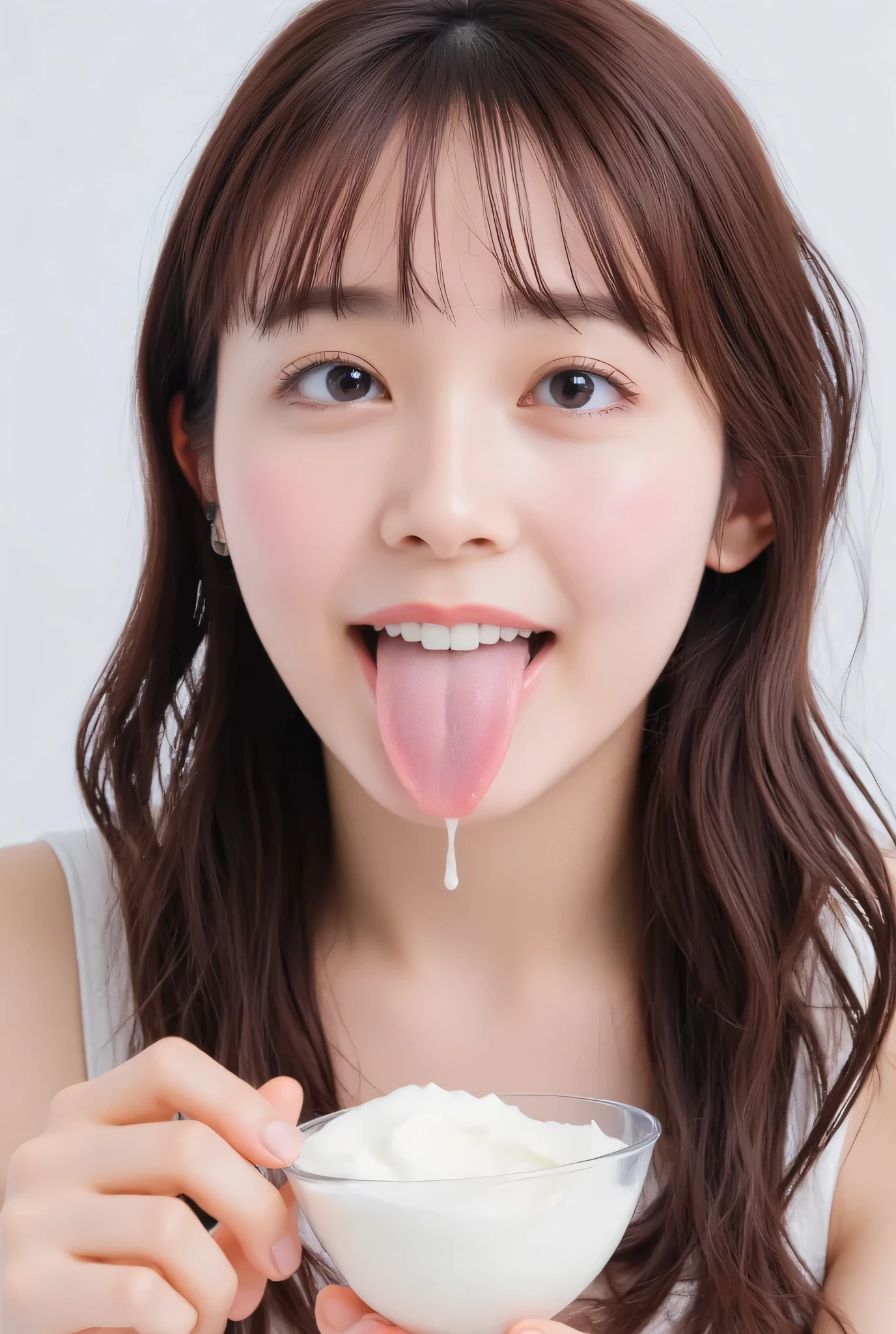 (Tabletop、highest quality、8k、Award-winning works、Ultra-high resolution)、One Woman、(Face close-up:1.3)、(nude:1.1)、(Pure white background:1.2)、Glowing Skin、Beautiful, moisturized and radiant skin、Perfect beautiful face、(Semen-covered face:1.4)、(Open your mouth and stick out your tongue:1.2)、(Perfect beautiful tongue:1.2)、Black brown hair、Beautiful smile、perfect beautiful teeth
