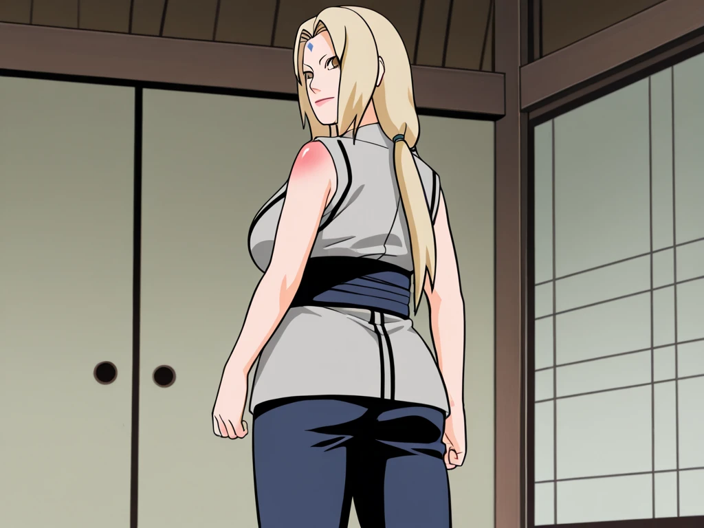 masterpiece, best quality, <lora:naruto_tsunade-17:1> tsunadedef, forehead mark, japanese clothes, grey kimono, sleeveless, sash, pants, huge breasts, looking at viewer, leaning forward, pov, grin, looking at viewer, blush, (from below:1.5)