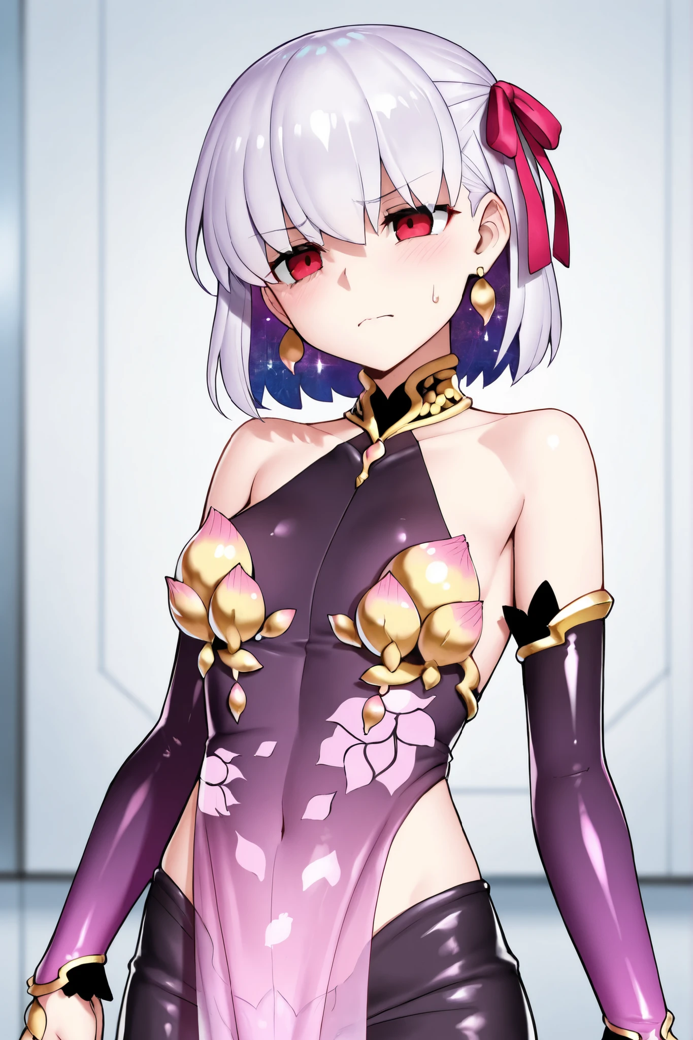 1girl,solo,(red china clothes:1.6),cowboy shot,standing,(black hair:1.8),(short hair),hair over one eye,ribbon trim, hair ribbon, x hair ornament,(red eyes:1.4),(beautiful fingers:1.4),(perfect anatomy:1.4),(arms_behind_back:1.6),(cold_shoulder:1.2),(leather lace glossy silk lamé:1.4),(leotard:1.2),(latex luster shiny glossy:1.6),(shiny_clothes:1.6),small breasts,(thin thighs:1.6),(red thigh boots:1.4),(masterpiece),best quality,(Ultra high definition eyes:1.2),8k,(Beautiful detailed eyes:1.2),(Fine and beautiful eyes:1.2),(pretty eyes:1.2),finely detail,extremely CG, absurdres,high resolution,illustration,Detailed and beautiful outlines,finely detail,high resolution,(colorful refraction:1.4,Increase saturation:1.2),beautiful lighting,dynamic lighting,closed room,black background,simple background, smile,looking at viewer,ram1,ram \(re:zero\), white thighhighs, maid headdress, garter straps, black ribbon, long sleeves, neck ribbon, purple ribbon, wide sleeves, hair flower,(white Clear PVC sheets sleeves:1.6),(sheer sleeves:1.6),(see-through sleeves:1.6),(wide sleeves:1.4)