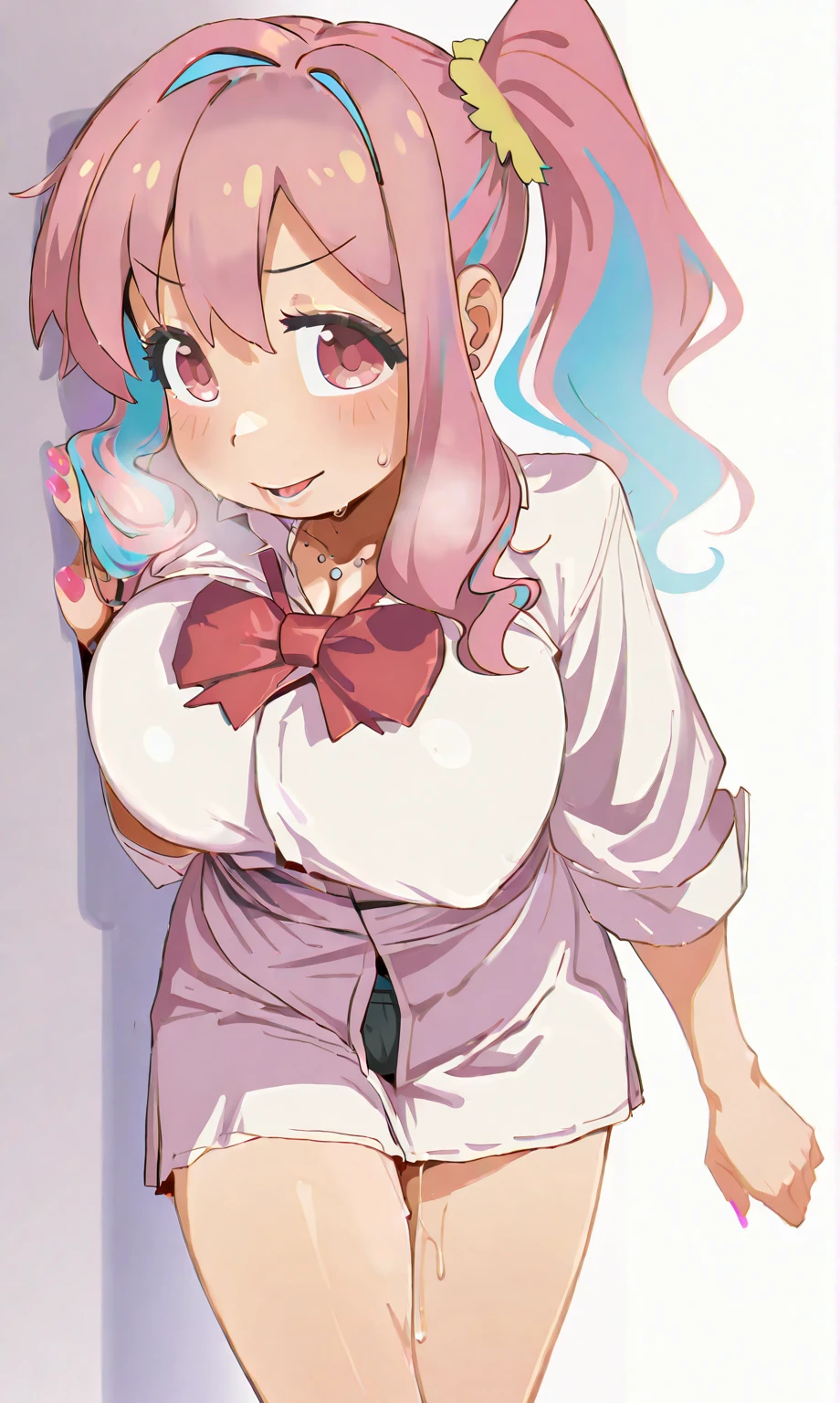 1girl, solo, breasts, pink_hair, yandere, blood, long_hair, heart, skirt, open_shirt, smile, open_clothes, pink_eyes, shirt, knife, twintails, cleavage, looking_at_viewer, medium_breasts, simple_background, white_background, areola_slip, large_breasts, weapon, pleated_skirt, empty_eyes