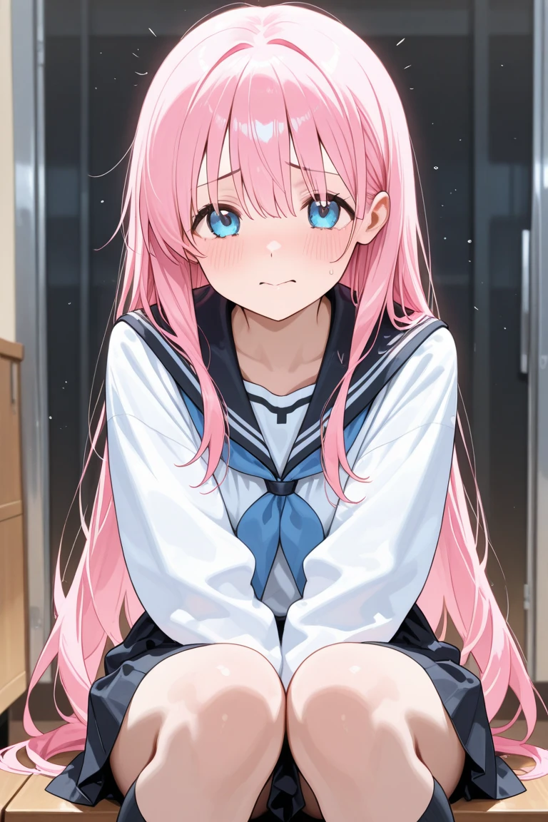 Beautiful illustrations, highest quality,((Directly facing:1.3)、Front split、Hold your knees、Hunch your back、Sink your chin into your knees:1.5) (12-year-old girl:1.4)、(pretty girl：1.5)、、Flat Chest、Sailor collar、(White long tunic)、Long sleeve sailor suit、Blue-line cuffs、(Pink Chino Shorts：1.7)、(Pink shorts with wide openings：1.6)、Gap between thigh and pants、Thin thighs、White socks、 Cinema Lighting, (Pink Long Hair)、Pink Straight Hair、Redness on the cheeks、(Braiding of the back of the head)