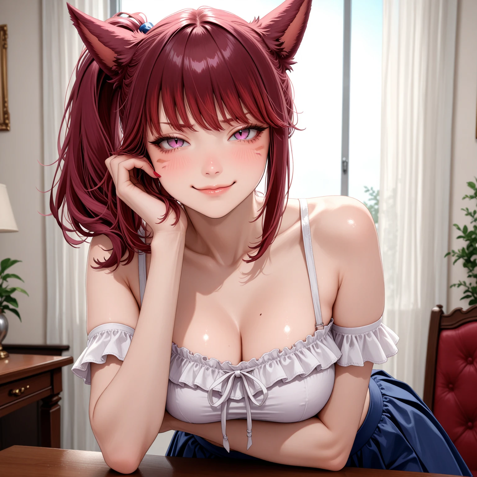 Large medium breasts, (1 mature muscular WolfGirl, 27 years old), (red dark, light hair: 5.1, long straight style), red eyes, double eyelids, light effect on eyes, wide hips and wide waist, short black top gothic style , pleated skirt, fishnet stockings, happy smile, pink lips , ((sensual WolfGirl)), solo, best quality, masterpiece, portrait, flirting with viewer, sensual pose, detailed, perfect anatomy, detailed art, high definition, 4k, high resolution, high resolution, romantic night and romantic lighting in the bedroom, in sexy and cute position, on the bed