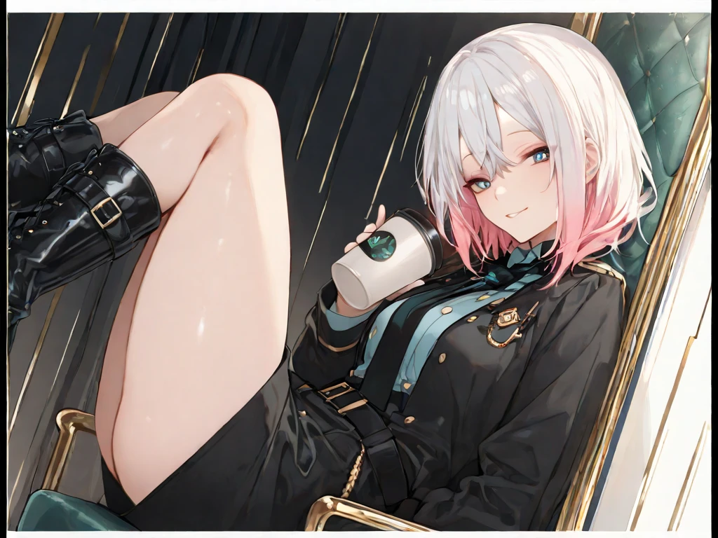 Ultra-high image quality,Look at viewers, hands behind back, girl with, 20 years old, Very short hair, long bangs between eyes, blue eyess,Black eyes, Hoodie, Skirt , Extremely detailed,(masterpiece、top-quality),White hair、A smile、Fantastical, Silver hair,, Hoodie, White hoodie,a black skirt,Hair is short,White jacket, Casual style,Open jacket, , look down from above、open open mouth、5 fingers、sit a chair、Dining at the café、eating cakes、collarbone visible