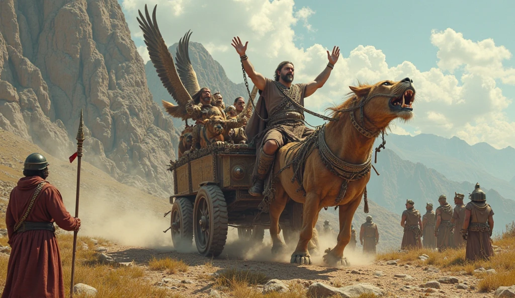 A young skinny prince white skin beautiful face handsome shirtless in a small Roman carriage with 4 horses in the desert miestras otro romano lo persigue en otro caruaje con un alcon