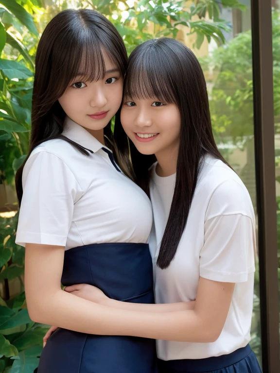 masterpiece, Highest quality, 8k, Two young and beautiful girls, Baby Face、Clothed small breasts、((((2girls))))((((((10 years old)))))),((Small breasts:1.3)), photo shoot, Cute Face, Thighs,、smile, 10 generations, Detailed face, Background blur、Long Hair、Black Hair、Small breasts、Tight waist,(((((Small breasts))))mini skirt((White collared shirt))mini skirt、Navy Pleated Skirt、high school girl、necklace