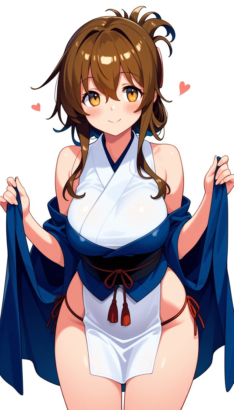 1girl, solo, long hair, breasts, looking at viewer, blush, smile, bangs, skirt, large breasts, simple background, black hair, hair ornament, thighhighs, long sleeves, white background, brown eyes, closed mouth, collarbone, yellow eyes, ponytail, heart, sidelocks, thighs, japanese clothes, wide sleeves, kimono, white thighhighs, zettai ryouiki, sash, obi, high ponytail, hand on own chest, ribbon trim, hakama, hakama skirt, white kimono, miko, hakama short skirt