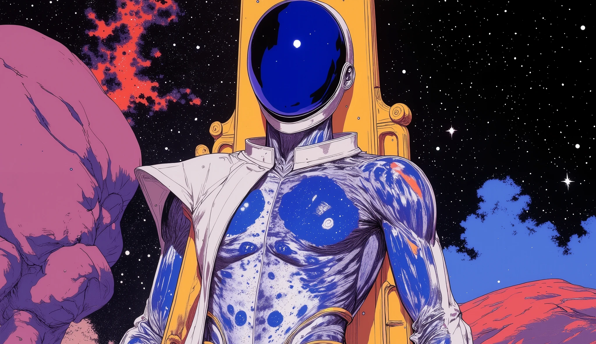 Character design sheet of a Koor a  futuristic cosmic male entity floating in deep space, wearing a transparent glass armor that mirrors stars and galaxies, its head is a smooth mirrored sphere without facial features, shown in multiple full-body poses: front view, back view, side view, and action pose. Retro-futuristic, consistent character design, neutral white or gray background, high detail, cinematic lighting.  cosmic starfield visible through body, crystal clear material, space nebula reflections, surreal digital art, photorealistic 3D render, dramatic lighting.